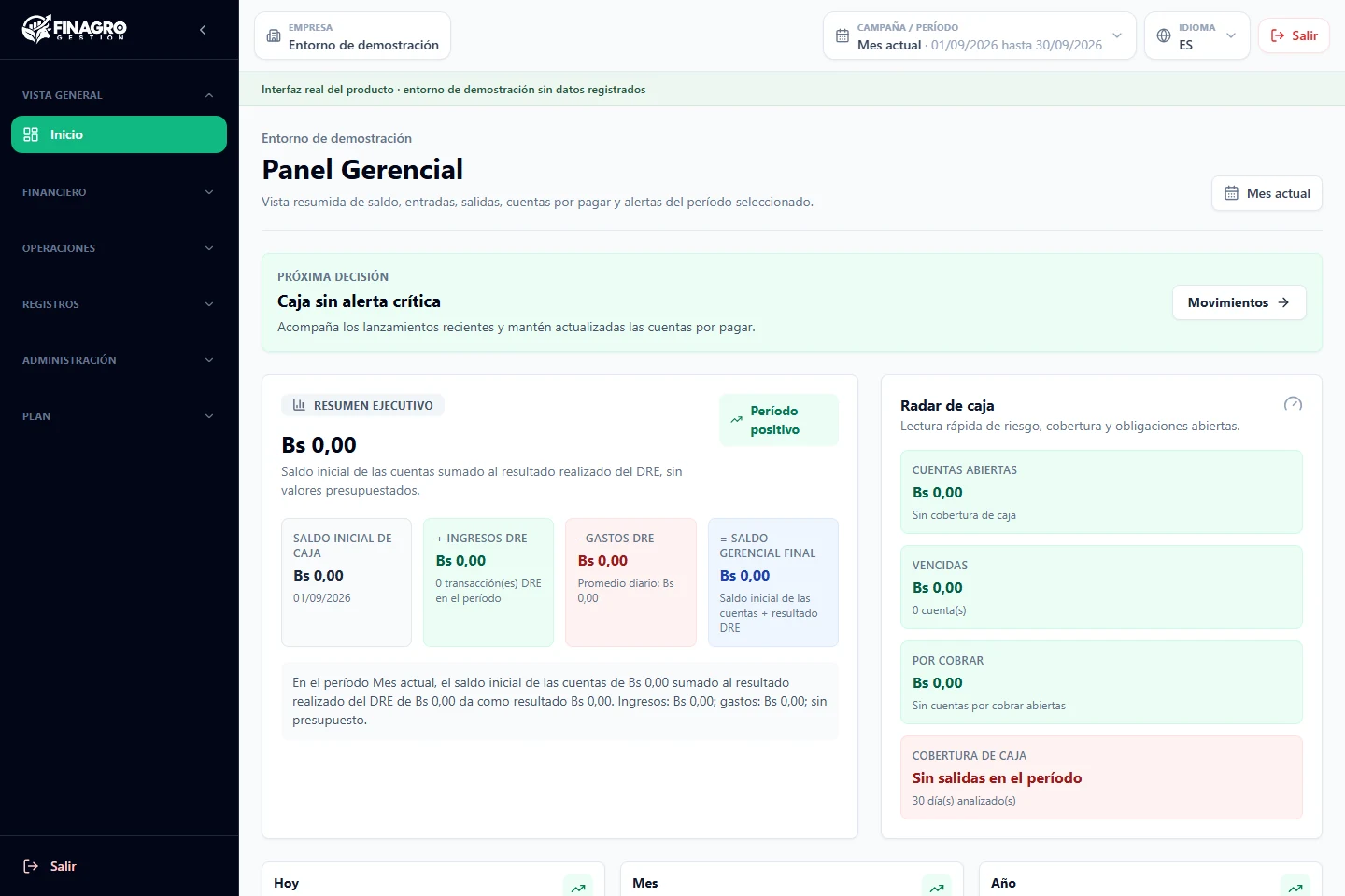 Panel general — Interfaz real de Finagro Gestión. Entorno de demostración sin datos registrados.